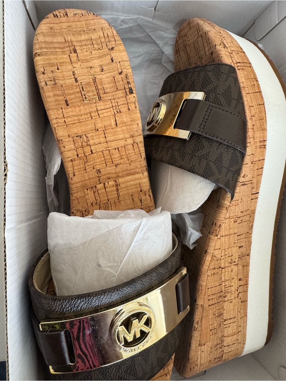 Michael Kors Brown and Gold Cork Platform Slide Sandals